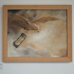 Bilde av maleri av fugl og timeglass Image of painting of bird and an hour glass